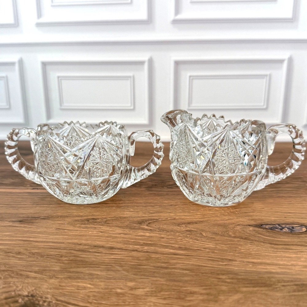 Antique ABP American Brilliant Period Cut Glass Sugar‎ Creamer Saw Tooth Dishes